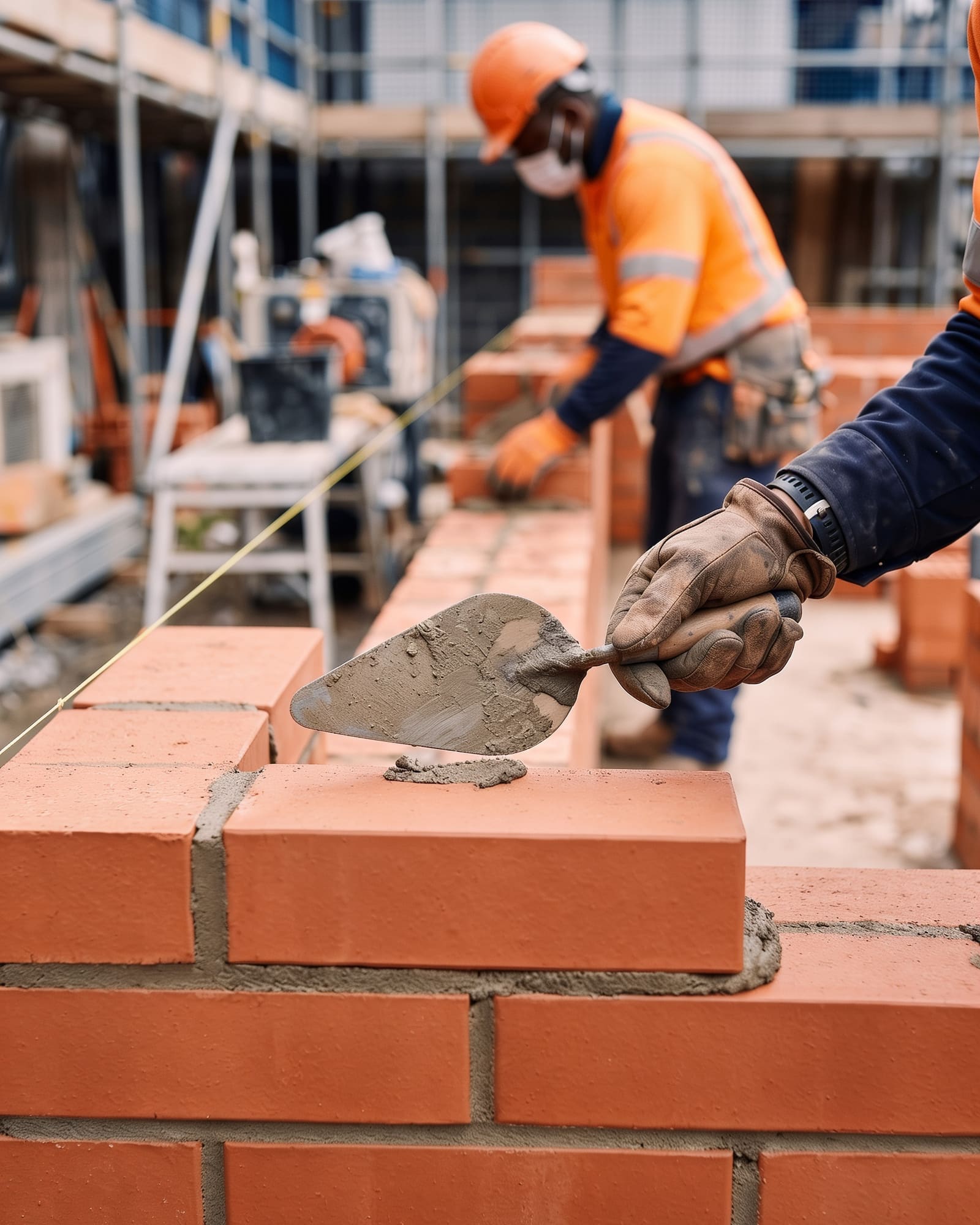A bricklayer laying a course of facing brick on site